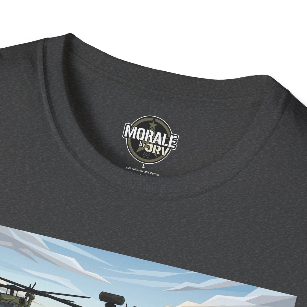 Dark heather T-shirt neck logo, "MORALE by JRIV", crew neckline detail