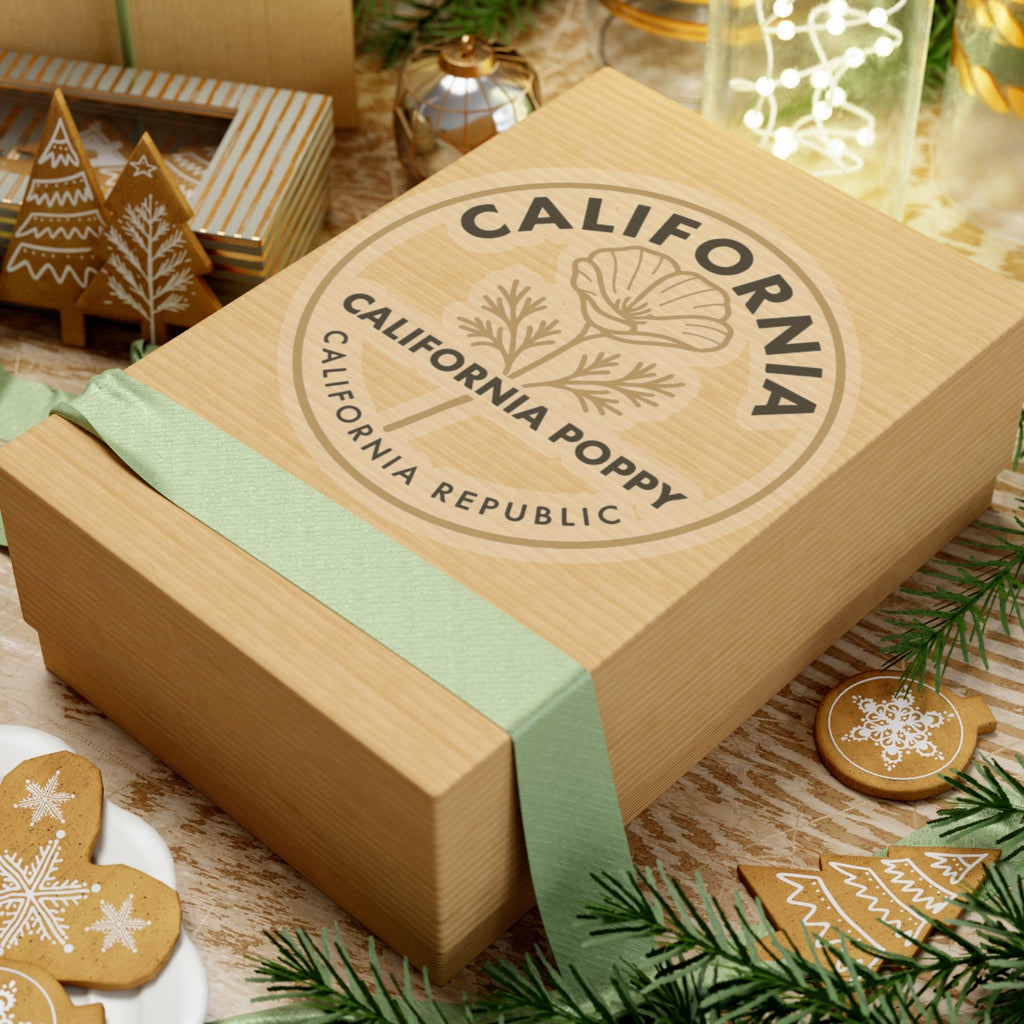 Circular California poppy decal on a gift box with 'California Republic' lettering