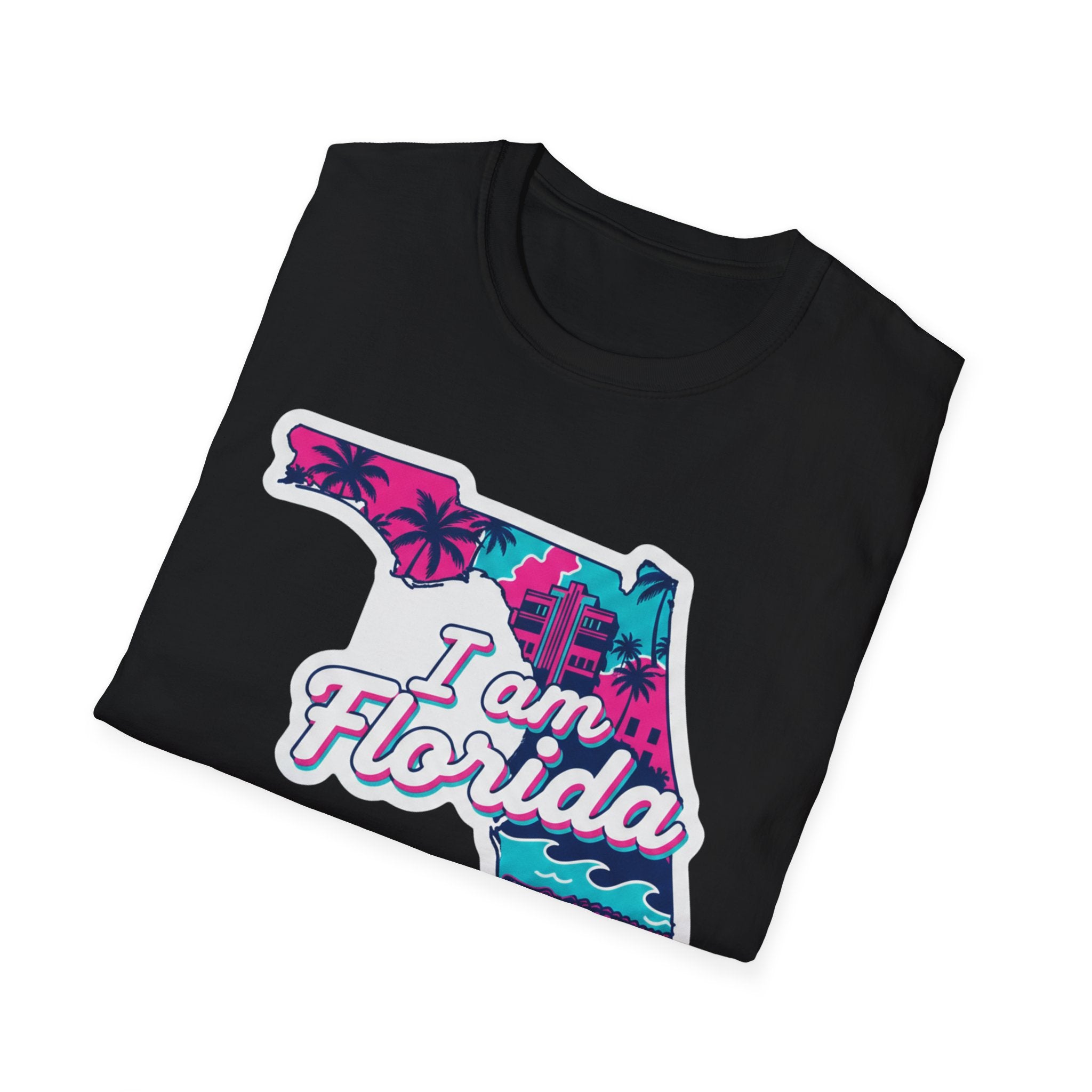 Black I am Florida T-shirt with colorful state outline and retro 'I am Florida' text