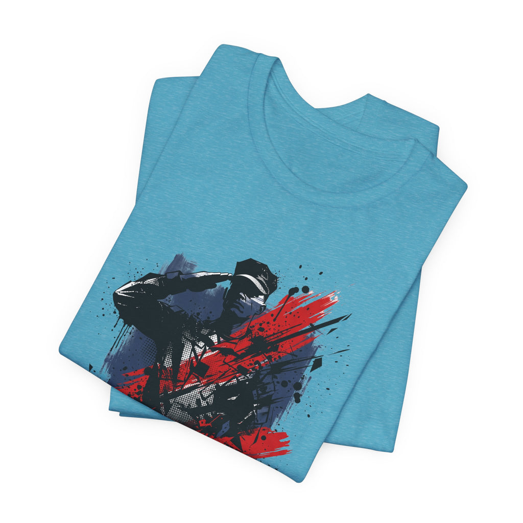 Light blue crewneck T-shirt with soldier silhouette graphic in red and black paint splashes.
