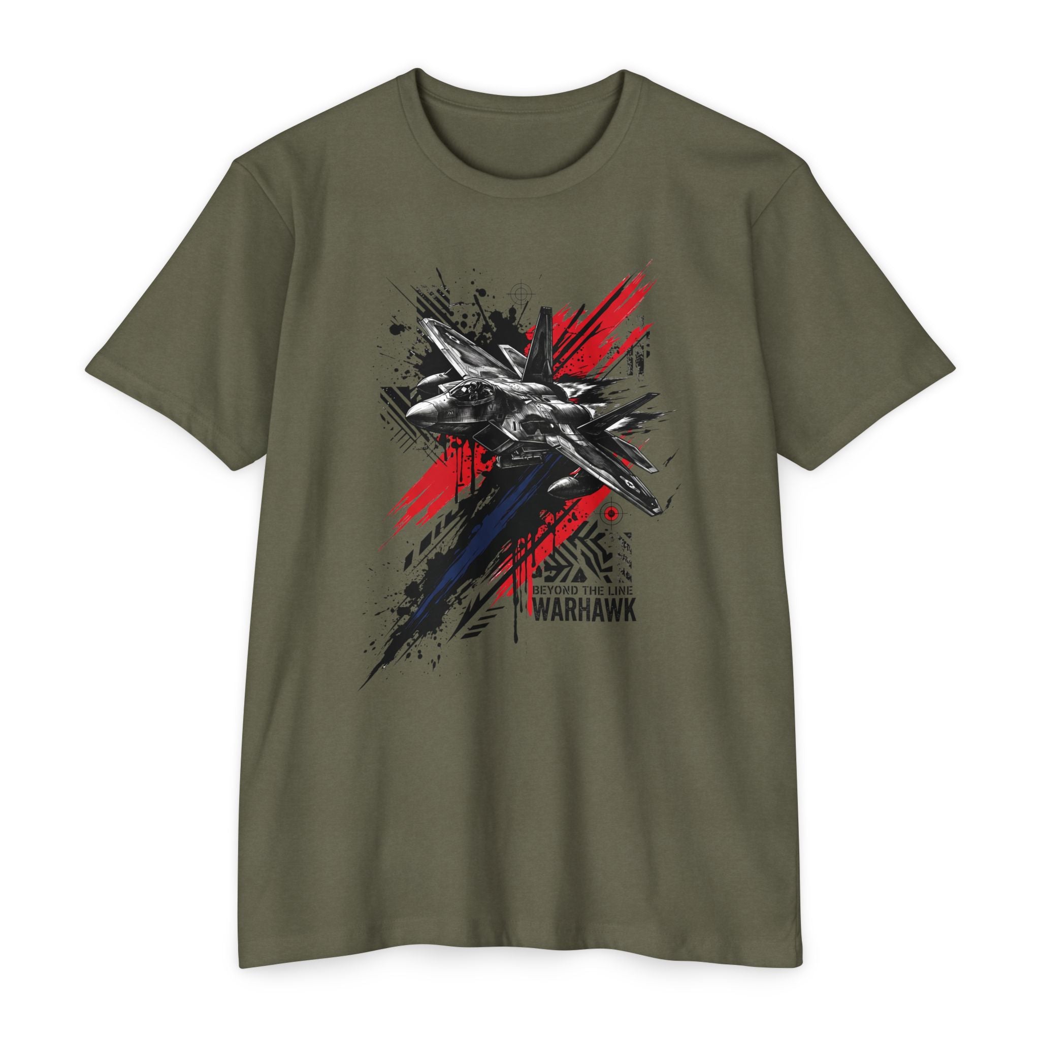 Crew neck T-shirt in olive green with warplane graffiti graphic in red, blue, and black.