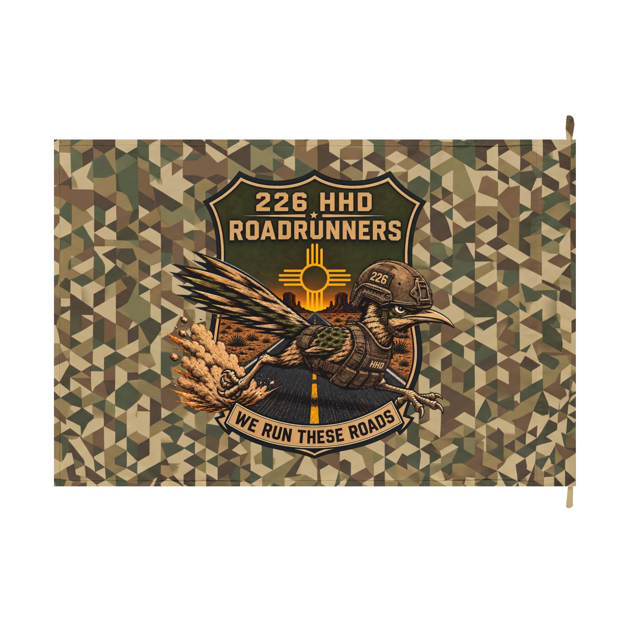 226 HHD Roadrunners Camo Flag – “We Run These Roads” Double-Sided Military Garden Banner