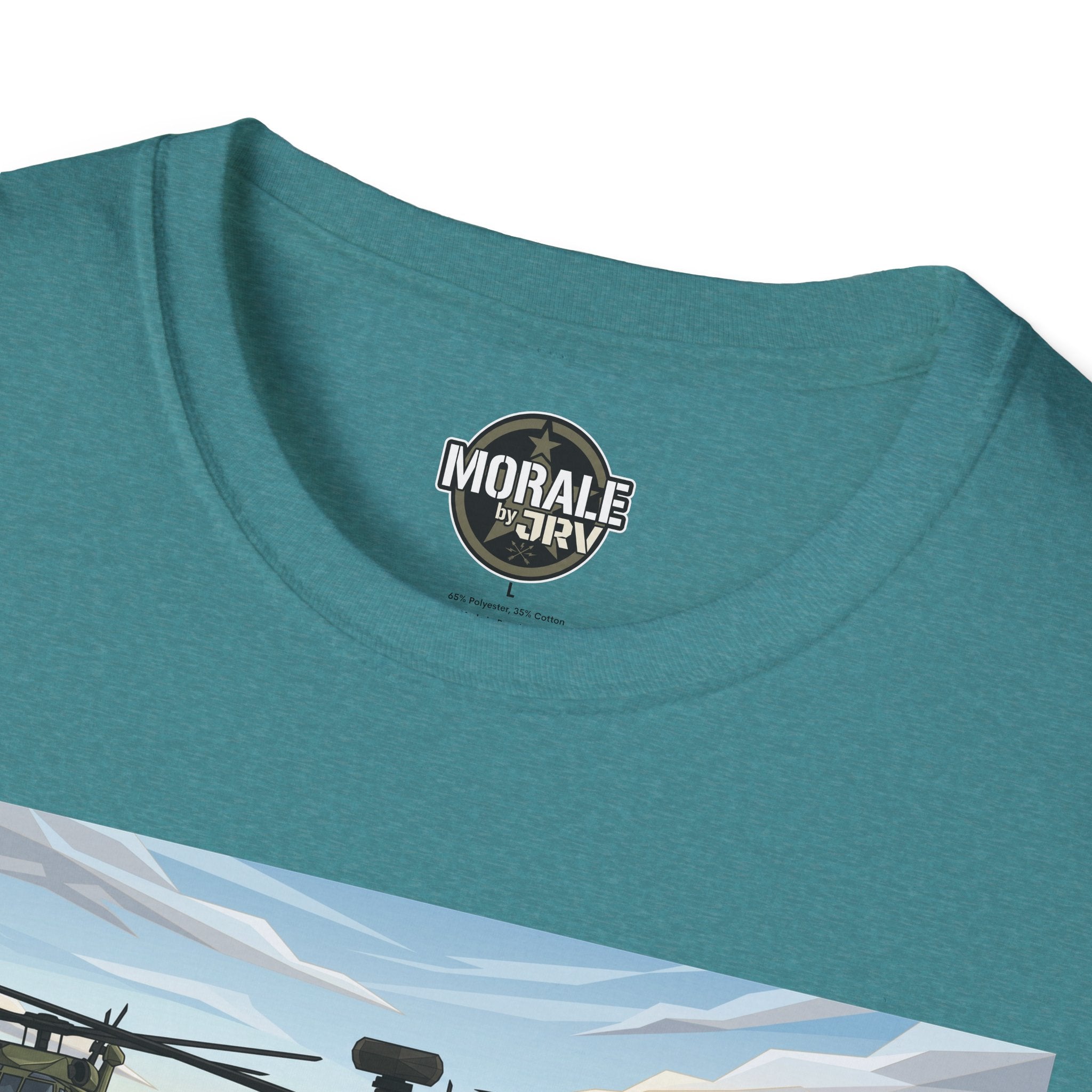 Teal T-shirt neck logo, "MORALE by JRIV", crew neckline detail