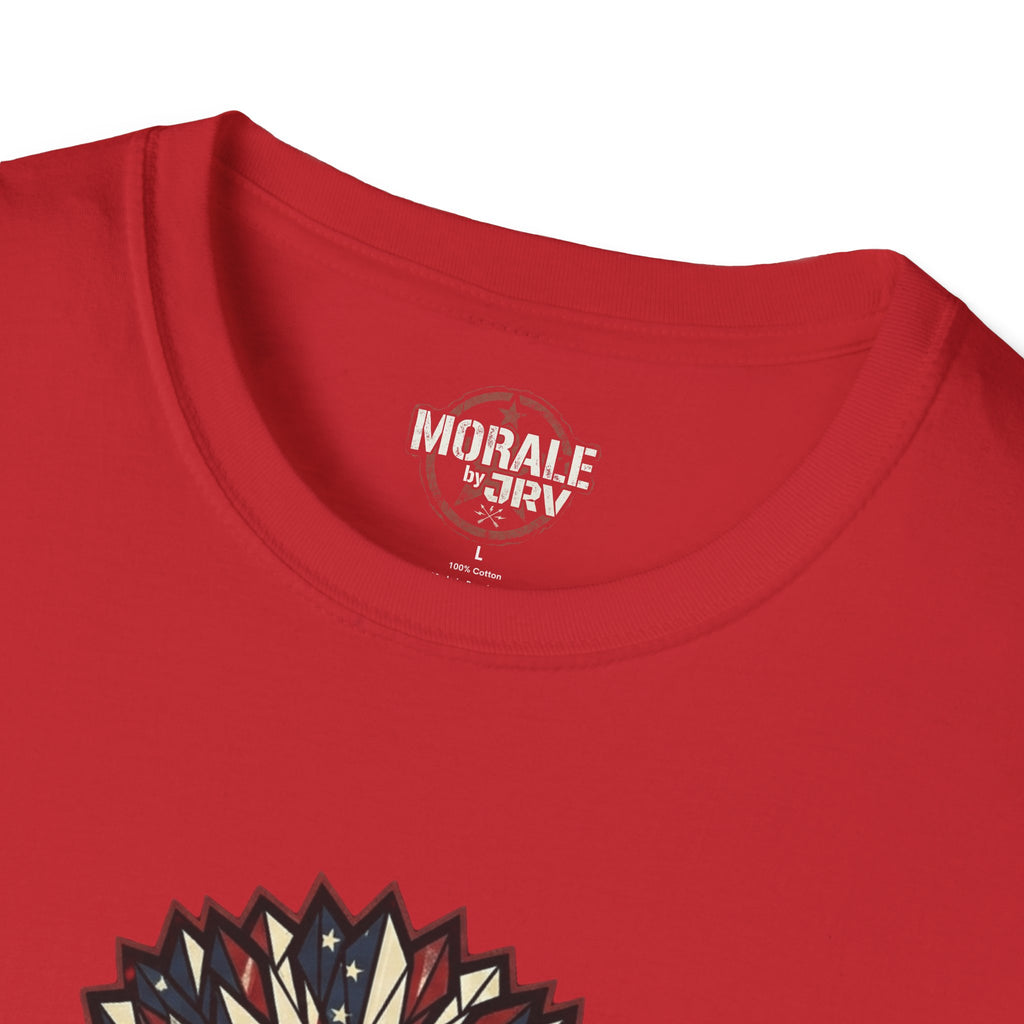 Red T-shirt neckline with circular MORALE by JTRI logo