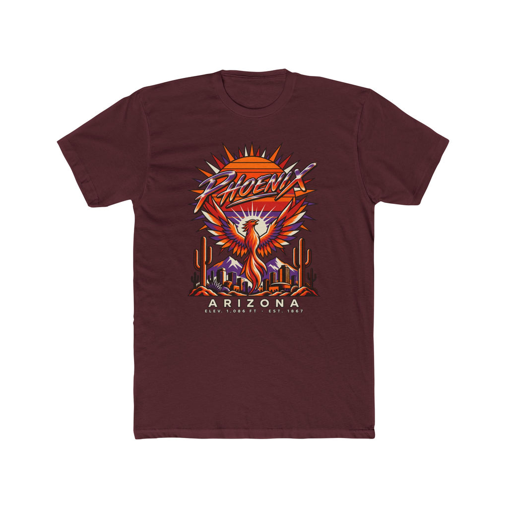 Maroon crew-neck T-shirt with colorful phoenix-and-cactus Arizona graphic
