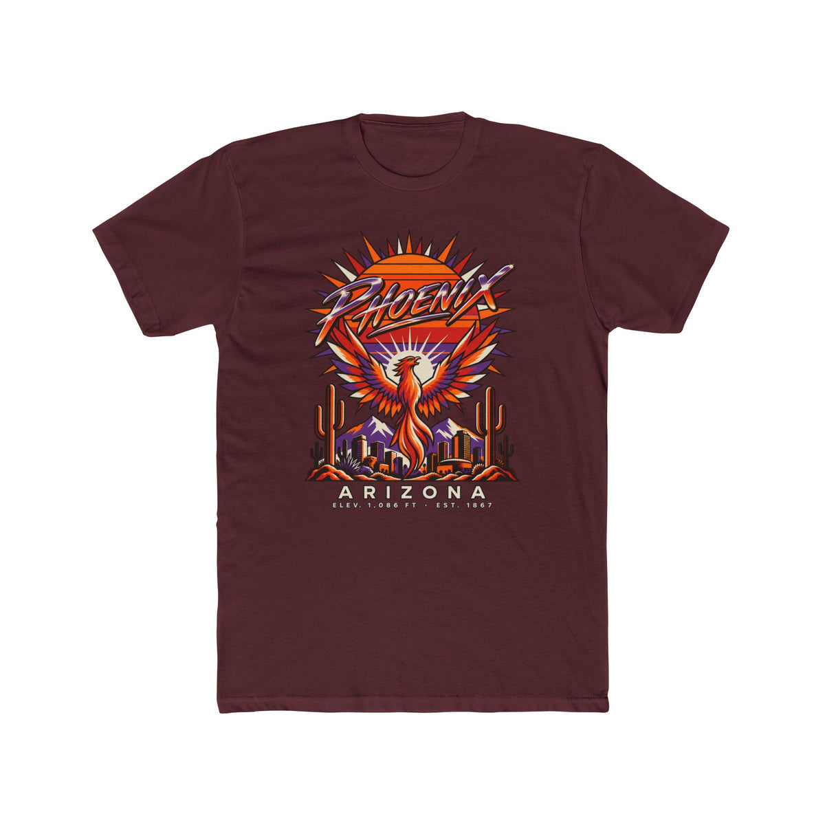 Maroon crew-neck T-shirt with colorful phoenix-and-cactus Arizona graphic