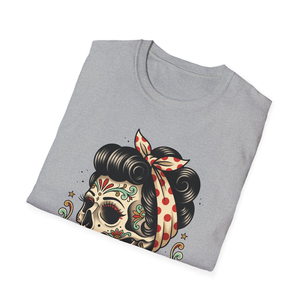 Charcoal T-shirt with sugar skull pinup tattoo graphic and bow