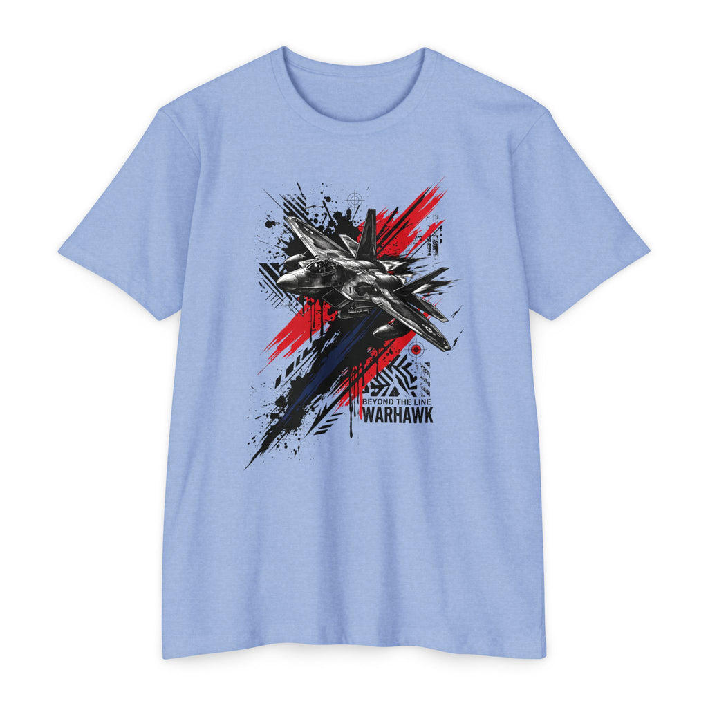 Crew neck T-shirt in light blue with warplane graffiti graphic in red, blue, and black.