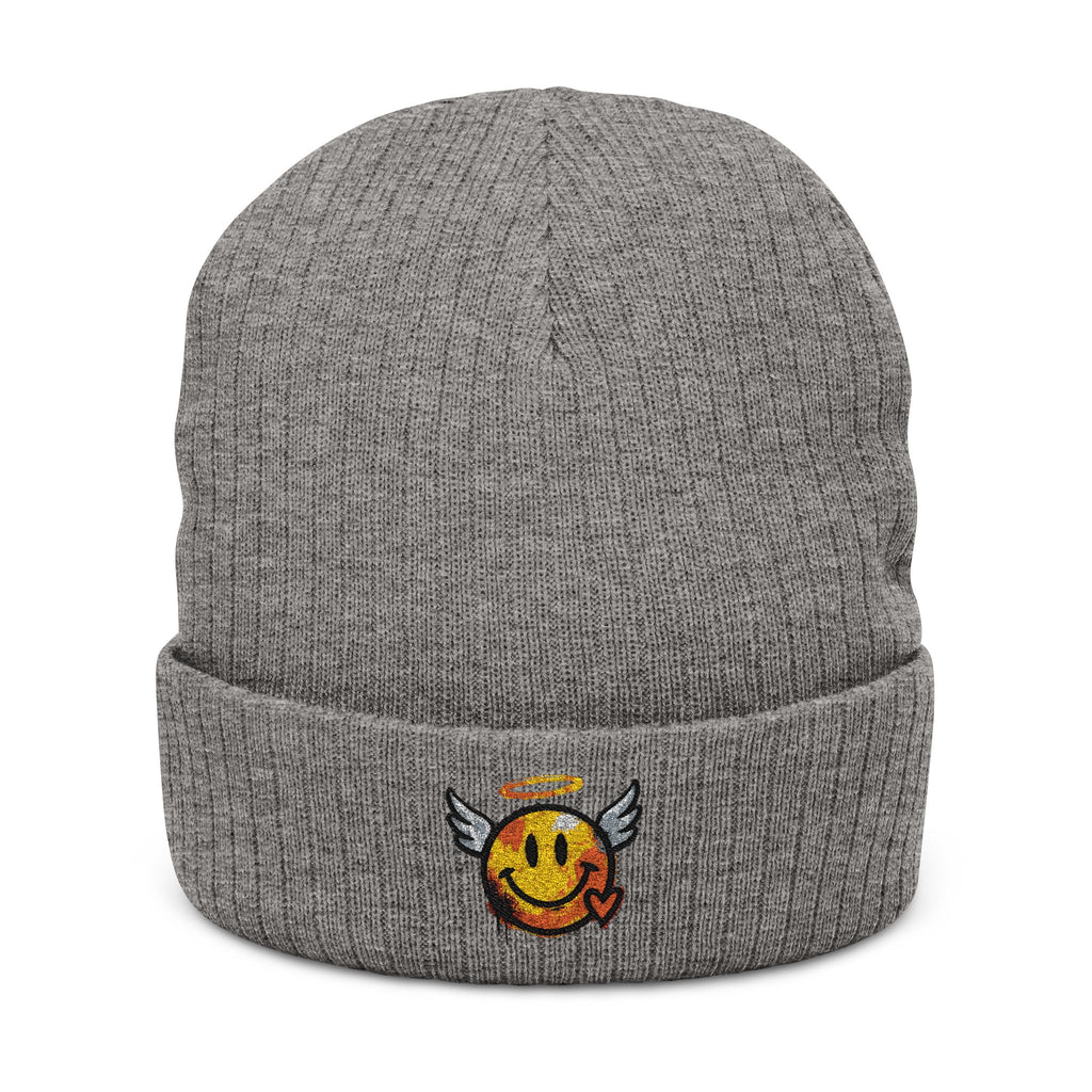 Hellgraue Melange Strickmütze mit besticktem Winged-Halo-Smiley am Rippbund