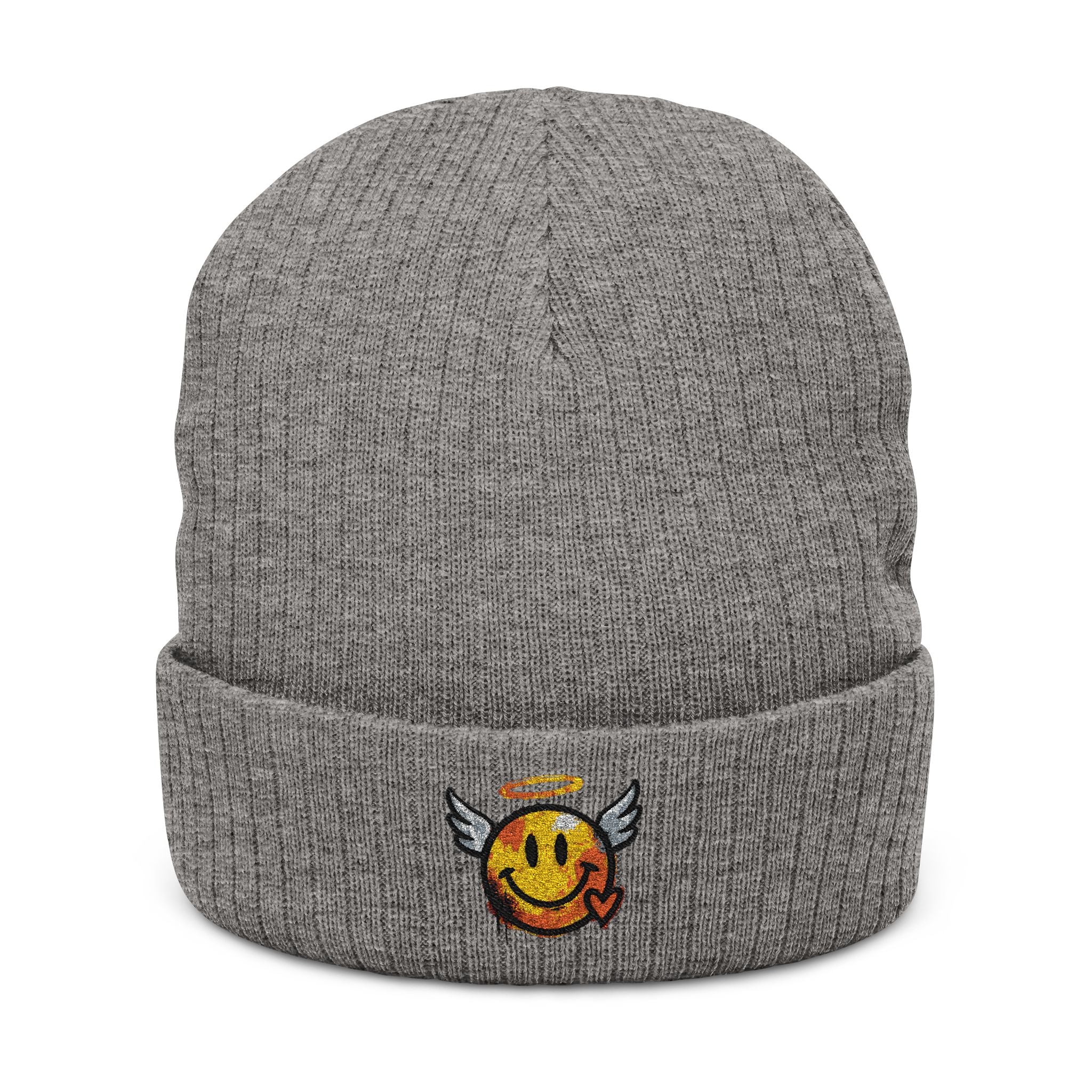 Hellgraue Melange Strickmütze mit besticktem Winged-Halo-Smiley am Rippbund