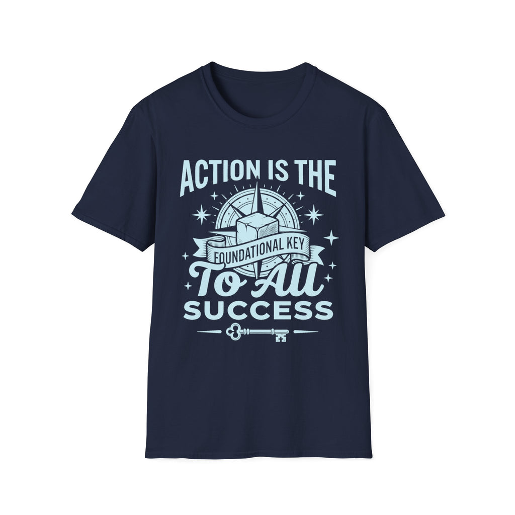 Navy T-shirt with 'to all success' key and arch illustration front print