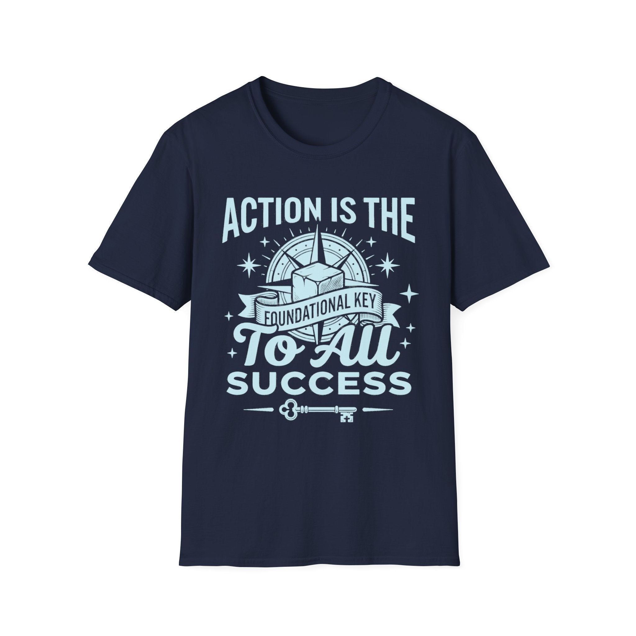 Navy T-shirt with 'to all success' key and arch illustration front print