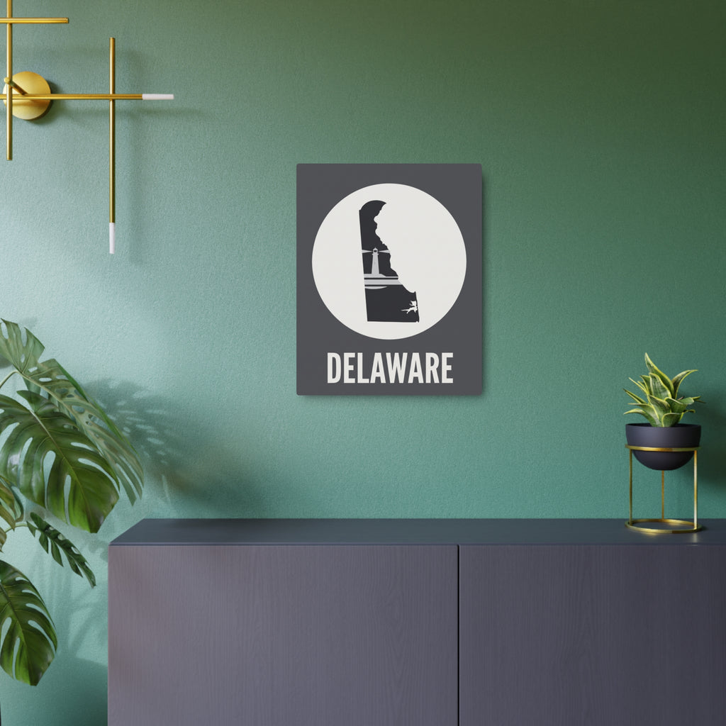 Square metal wall plaque with circular lighthouse icon and DELAWARE lettering