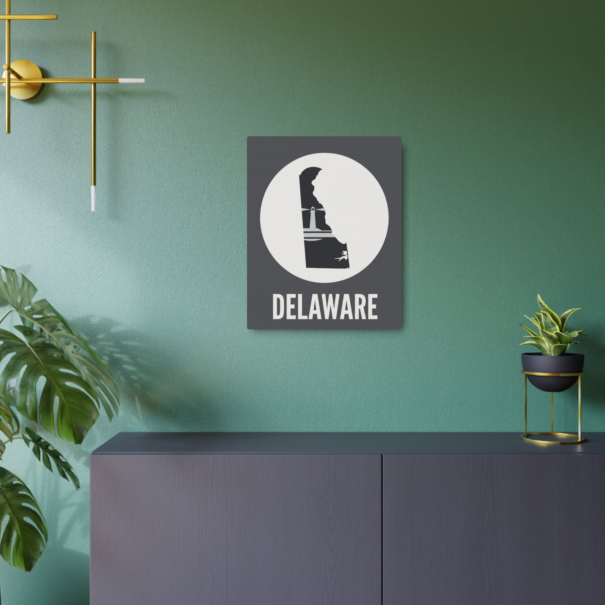 Square metal wall plaque with circular lighthouse icon and DELAWARE lettering