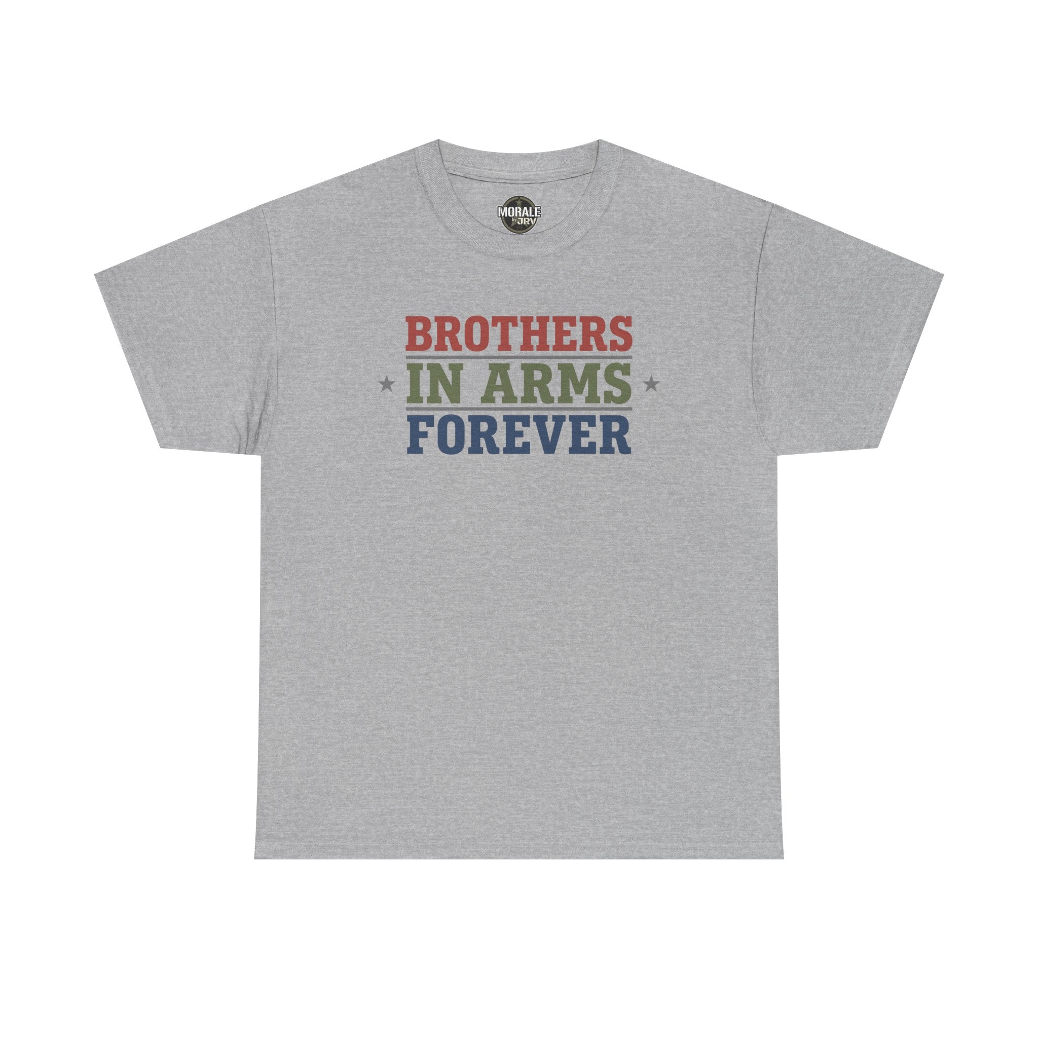 Sport grey crewneck tee with "BROTHERS IN ARMS FOREVER" graphic on chest