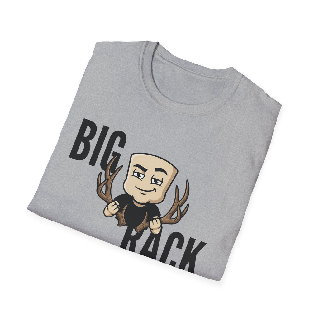 Gray T-shirt with “BIG RACK” graphic and cartoon hunter with antlers