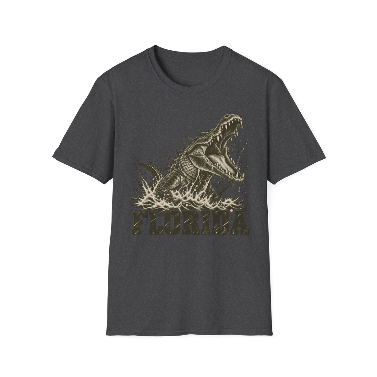 Charcoal gray crew-neck t-shirt with lunging alligator graphic and FLORIDA text