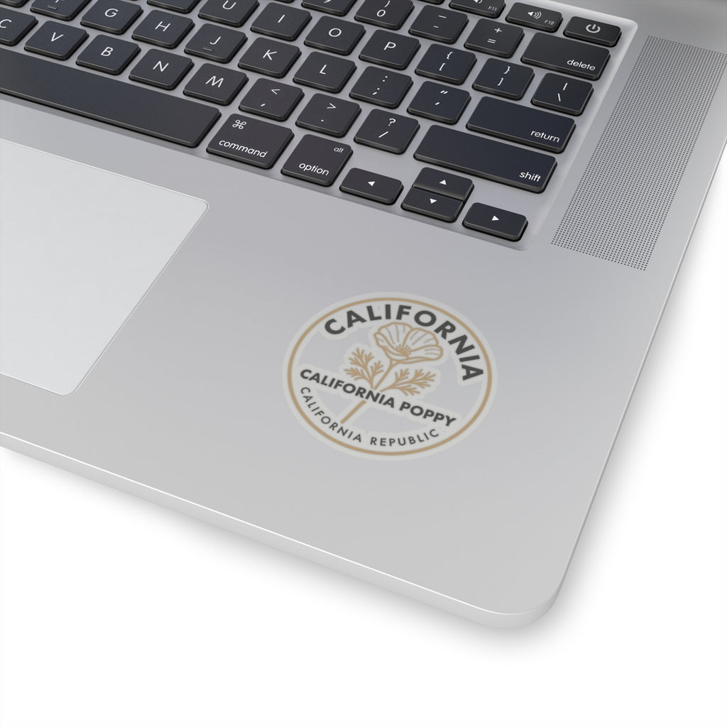 California poppy round sticker on laptop lid, beige flower and California Poppy text