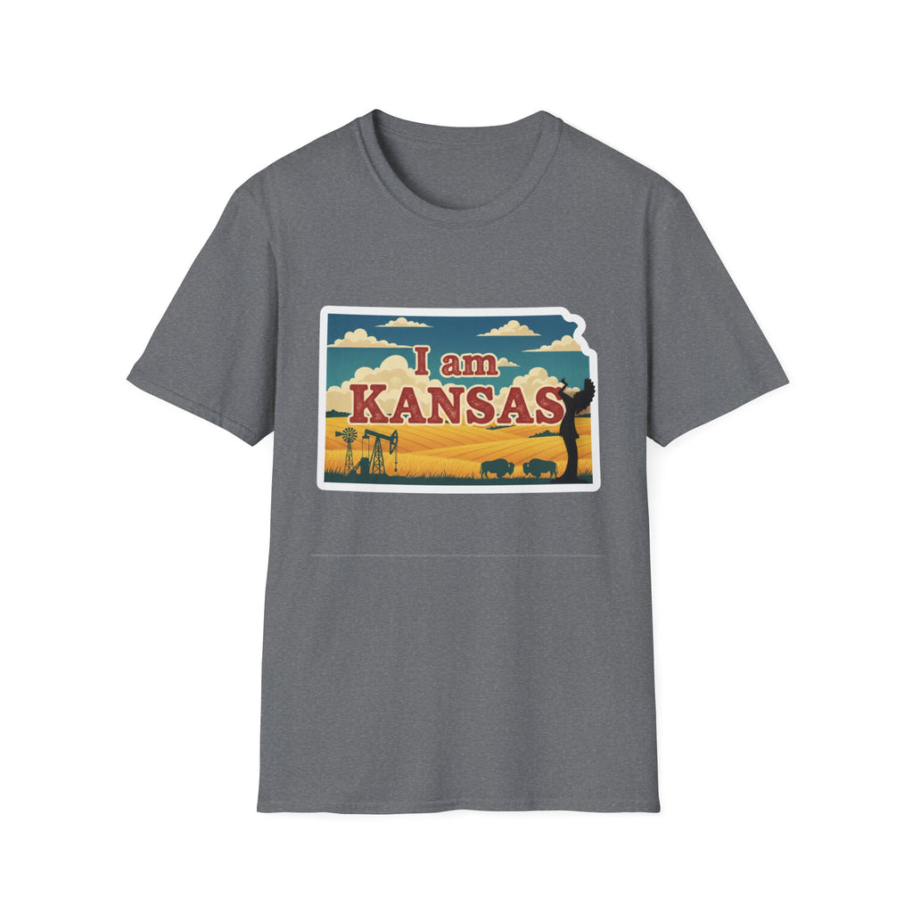 Heather grey Kansas T-shirt with 'I am KANSAS' state graphic in a framed scene
