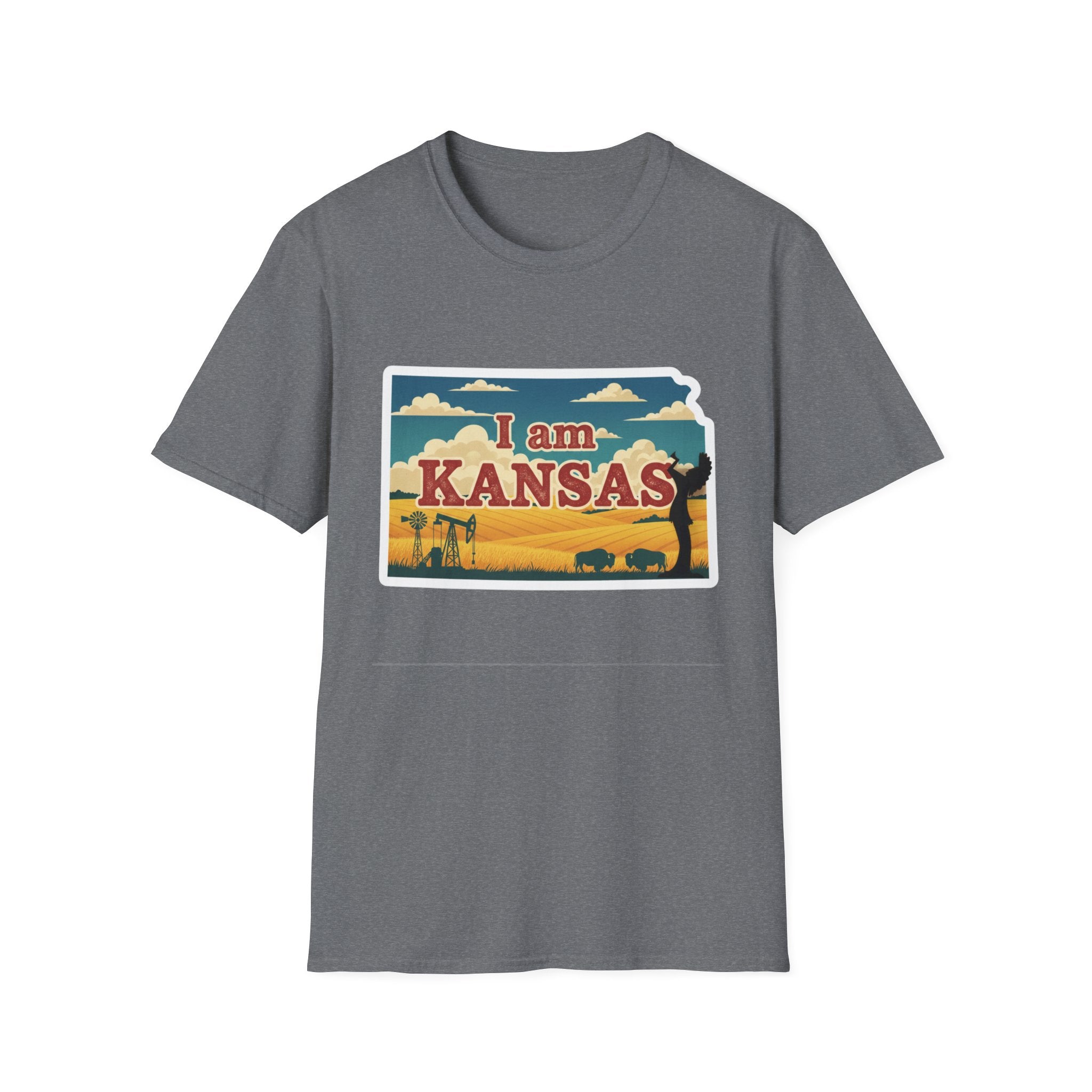 Heather grey Kansas T-shirt with 'I am KANSAS' state graphic in a framed scene