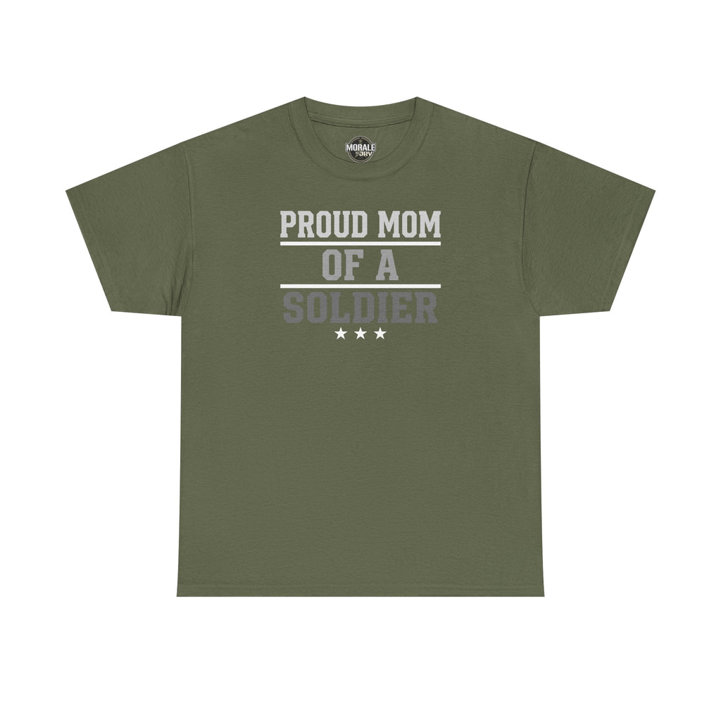Olive green crewneck T-shirt with “Proud Mom of a Soldier” graphic and three stars