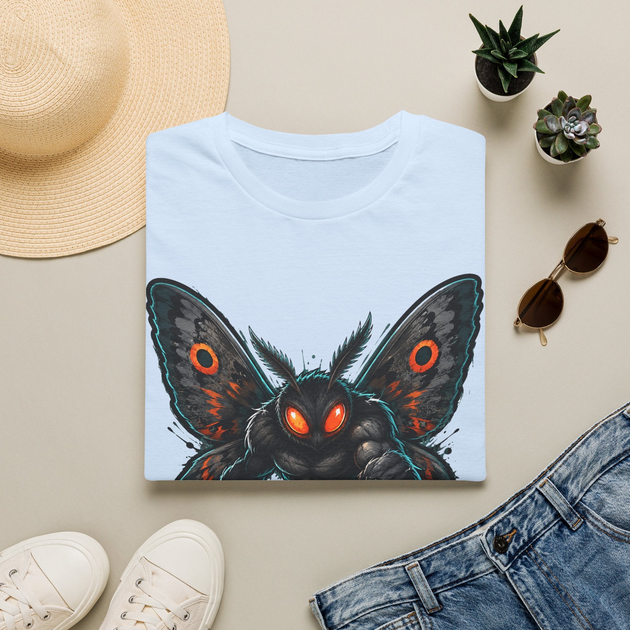 Light blue graphic monster moth t-shirt with glowing red eyes and spread wings