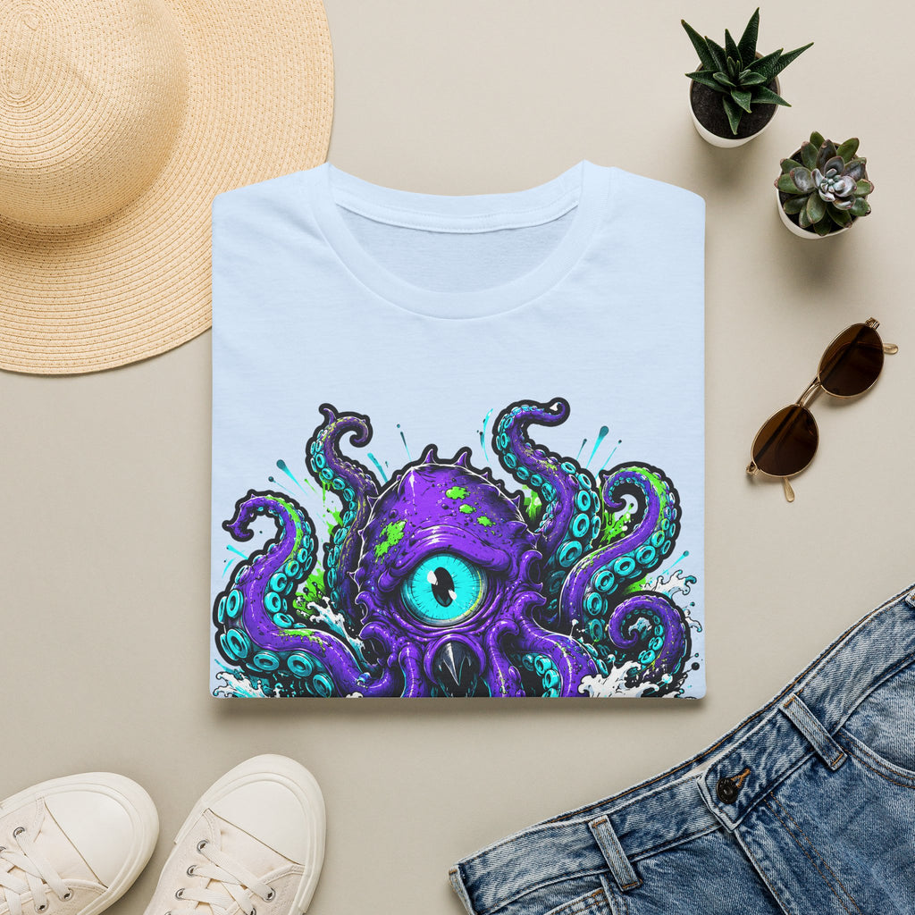 Light blue graphic octopus T-shirt with purple cyclops eye and teal tentacles