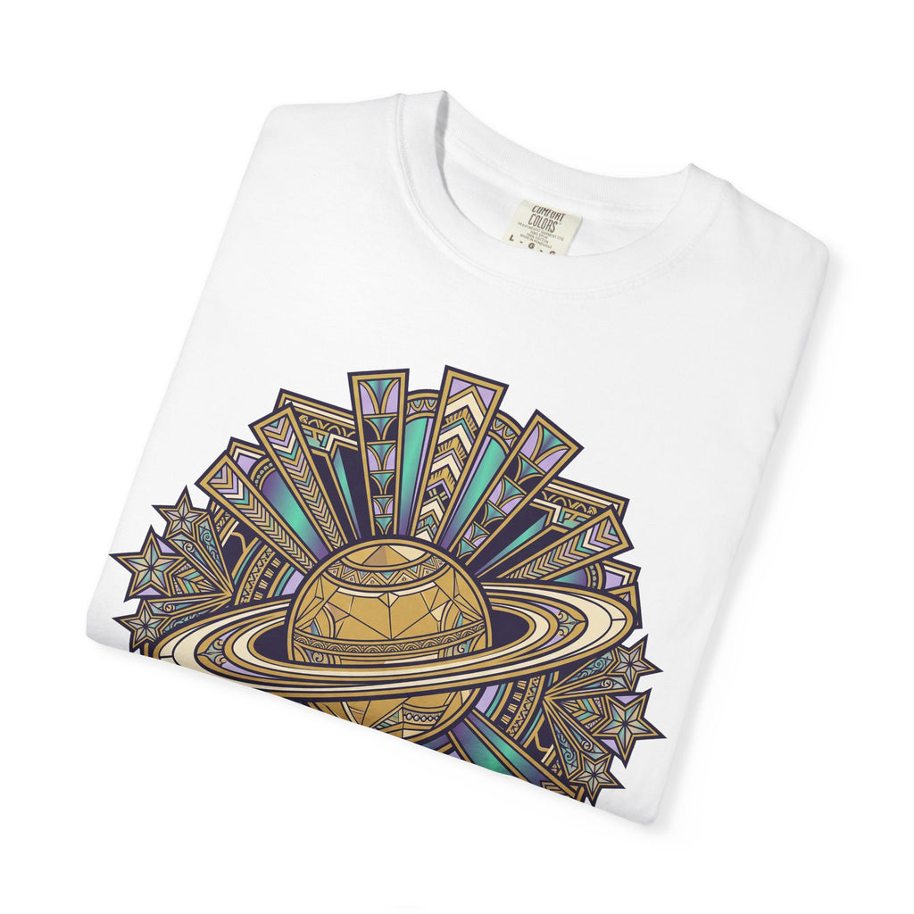 White T-shirt with Celestial Harmony planet graphic front detail