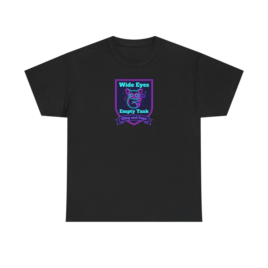 Black crewneck T-shirt with neon purple and teal owl badge logo at center chest