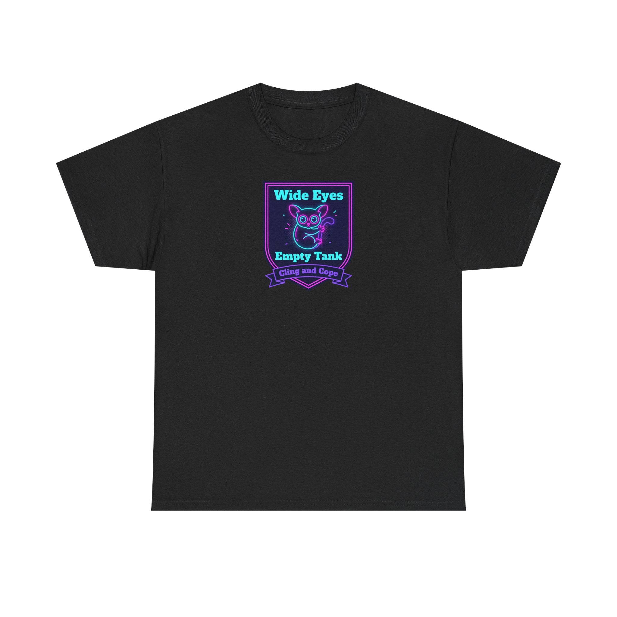 Black crewneck T-shirt with neon purple and teal owl badge logo at center chest