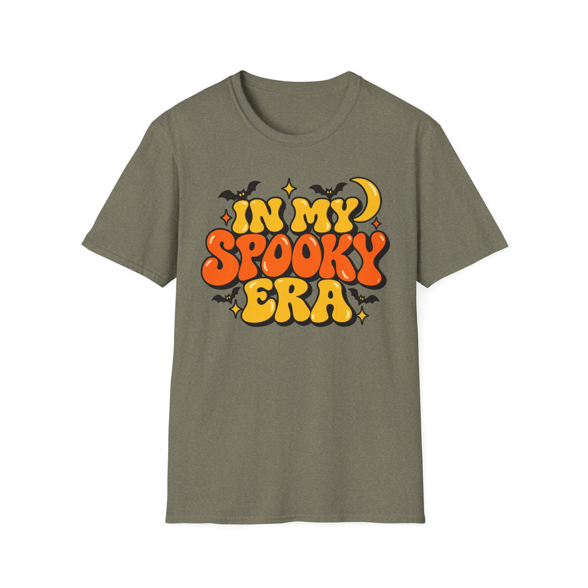 Olive green Halloween graphic T-shirt with orange and yellow bubble lettering