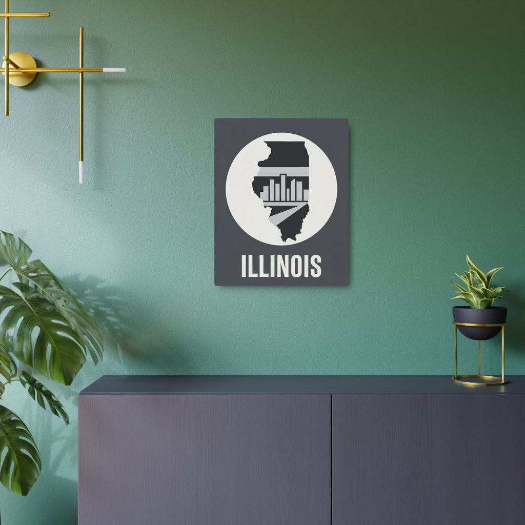 Rectangular Illinois metal wall sign with circular skyline emblem and “ILLINOIS” lettering
