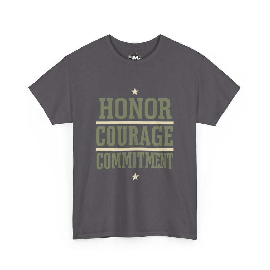 Charcoal gray T-shirt with "HONOR COURAGE COMMITMENT" graphic and stars on front
