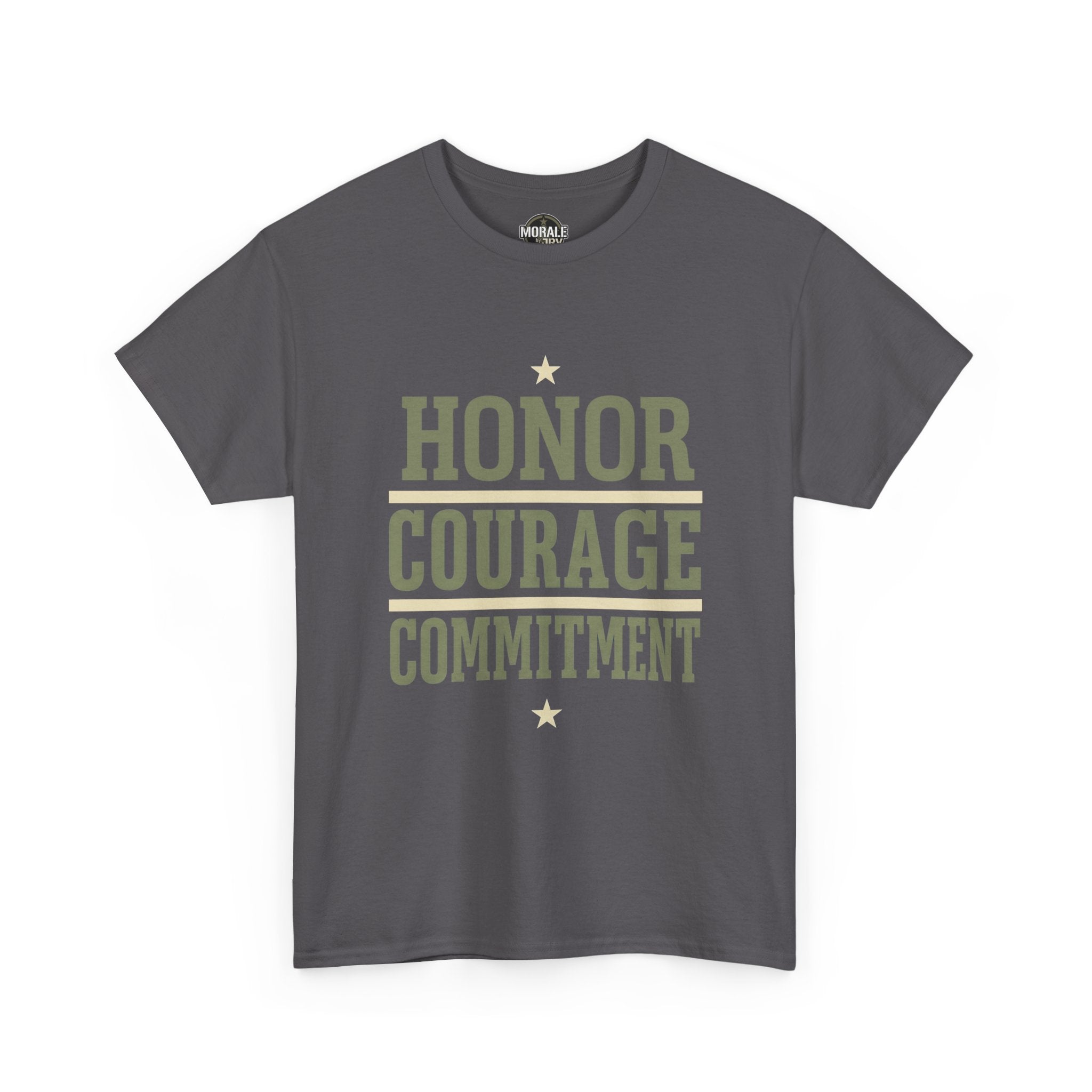 Charcoal gray T-shirt with "HONOR COURAGE COMMITMENT" graphic and stars on front