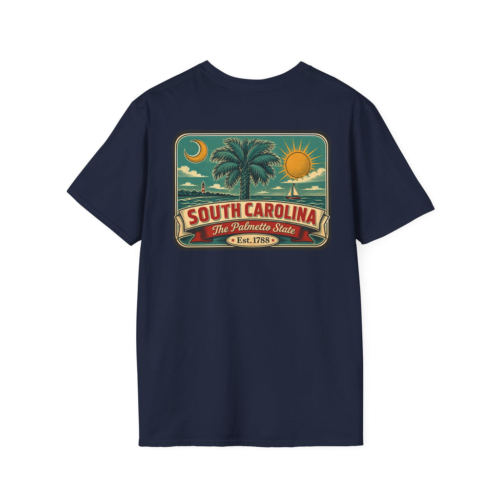 Navy T-shirt with South Carolina palm graphic patch and Est. 1788 text