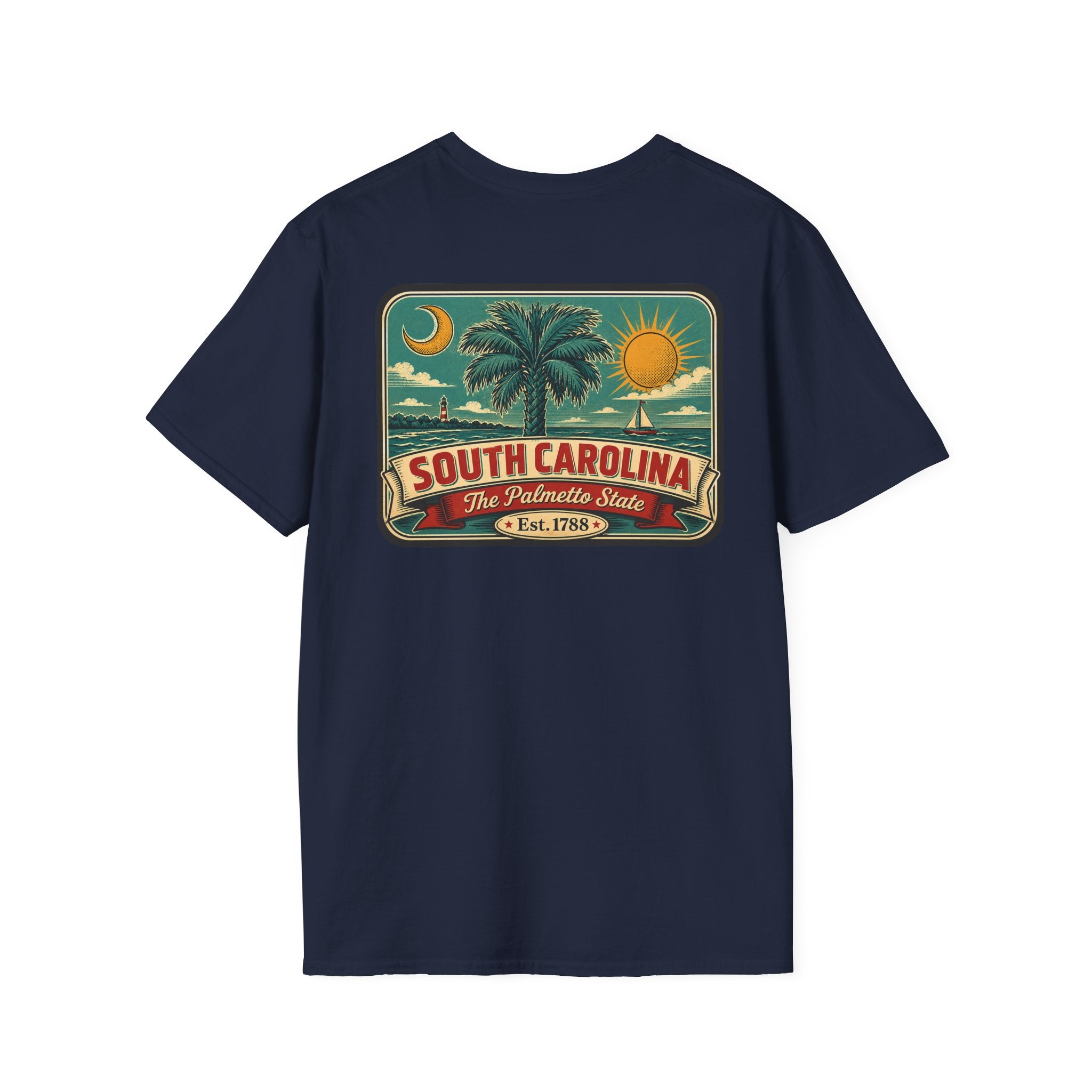 Navy T-shirt with South Carolina palm graphic patch and Est. 1788 text