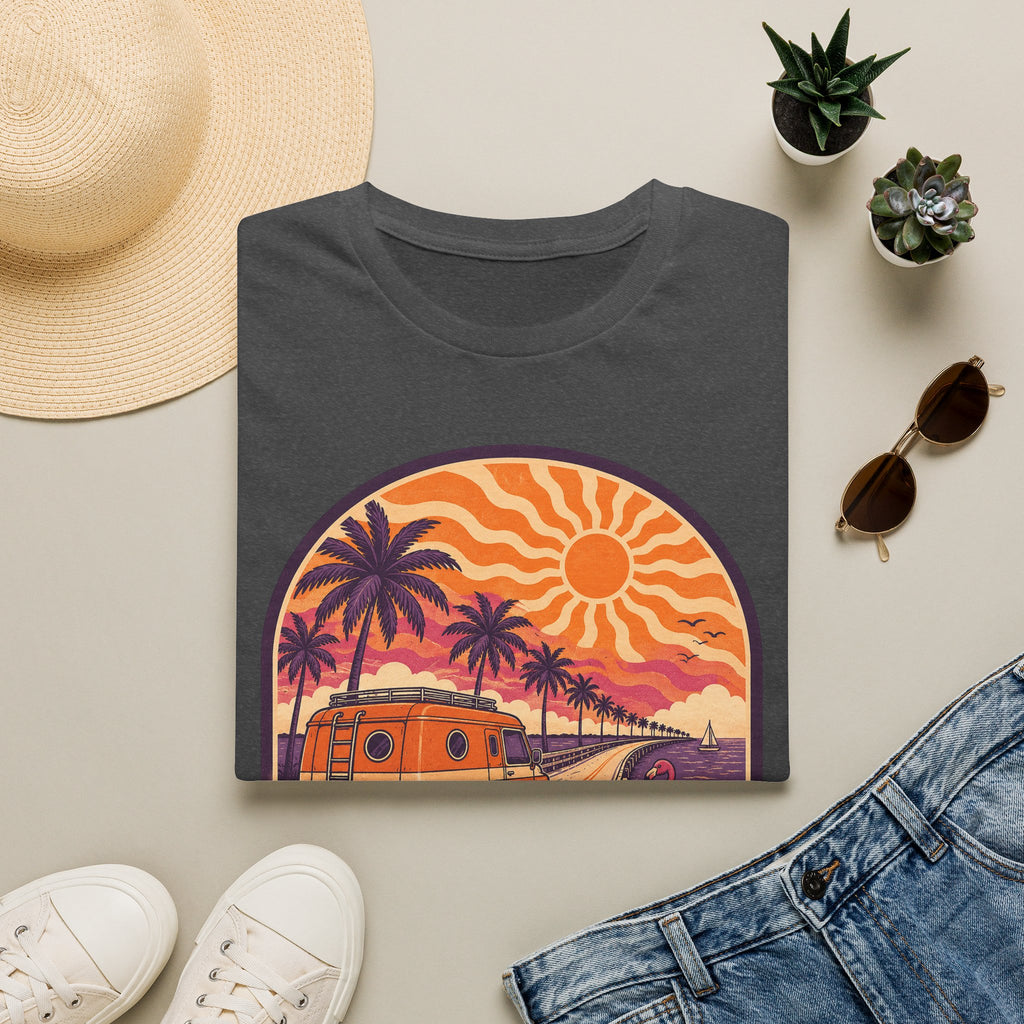 Unisex T-shirt in dark gray with retro orange van and palm sunset graphic on front.