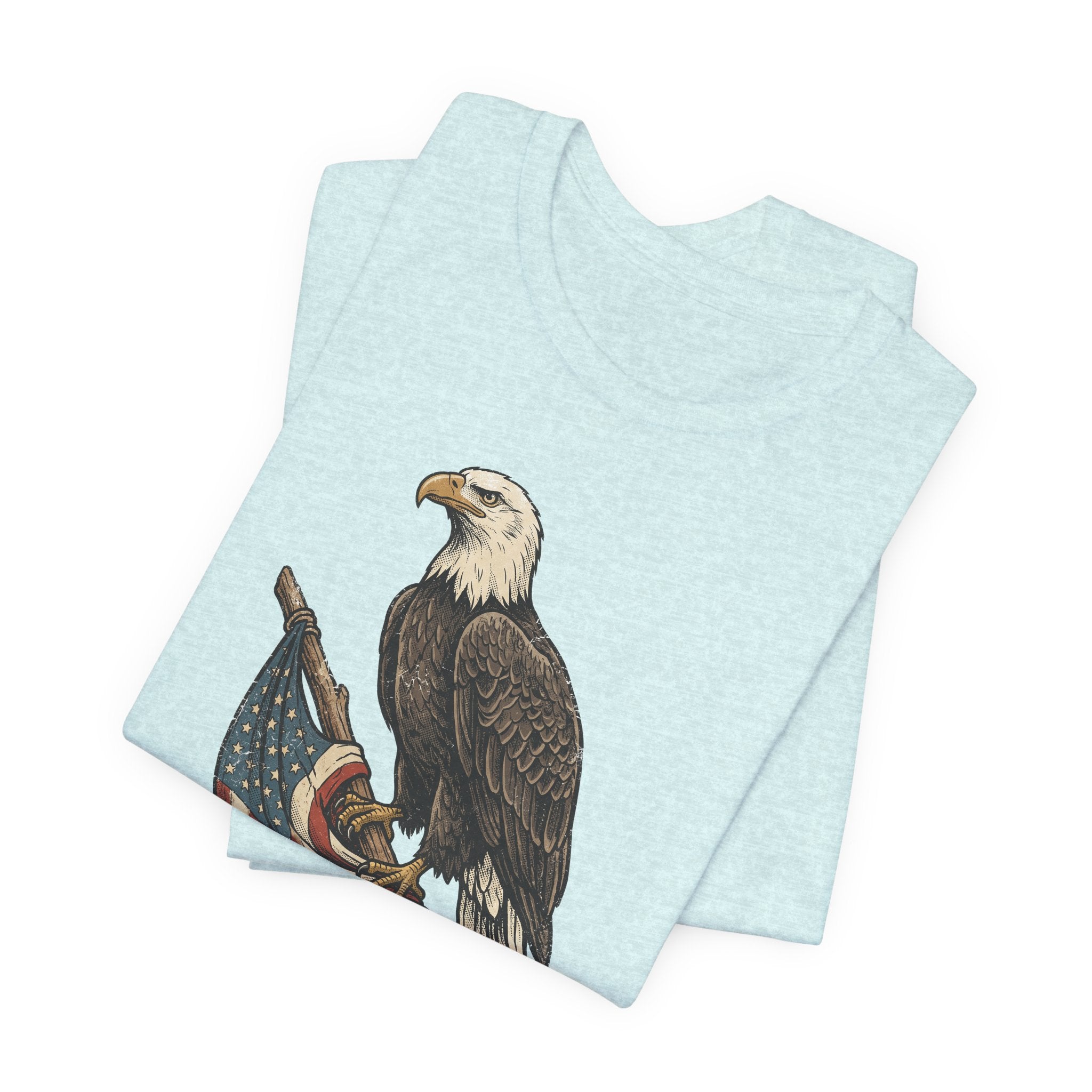 Light blue heather bald eagle graphic t-shirt with flag ribbon print
