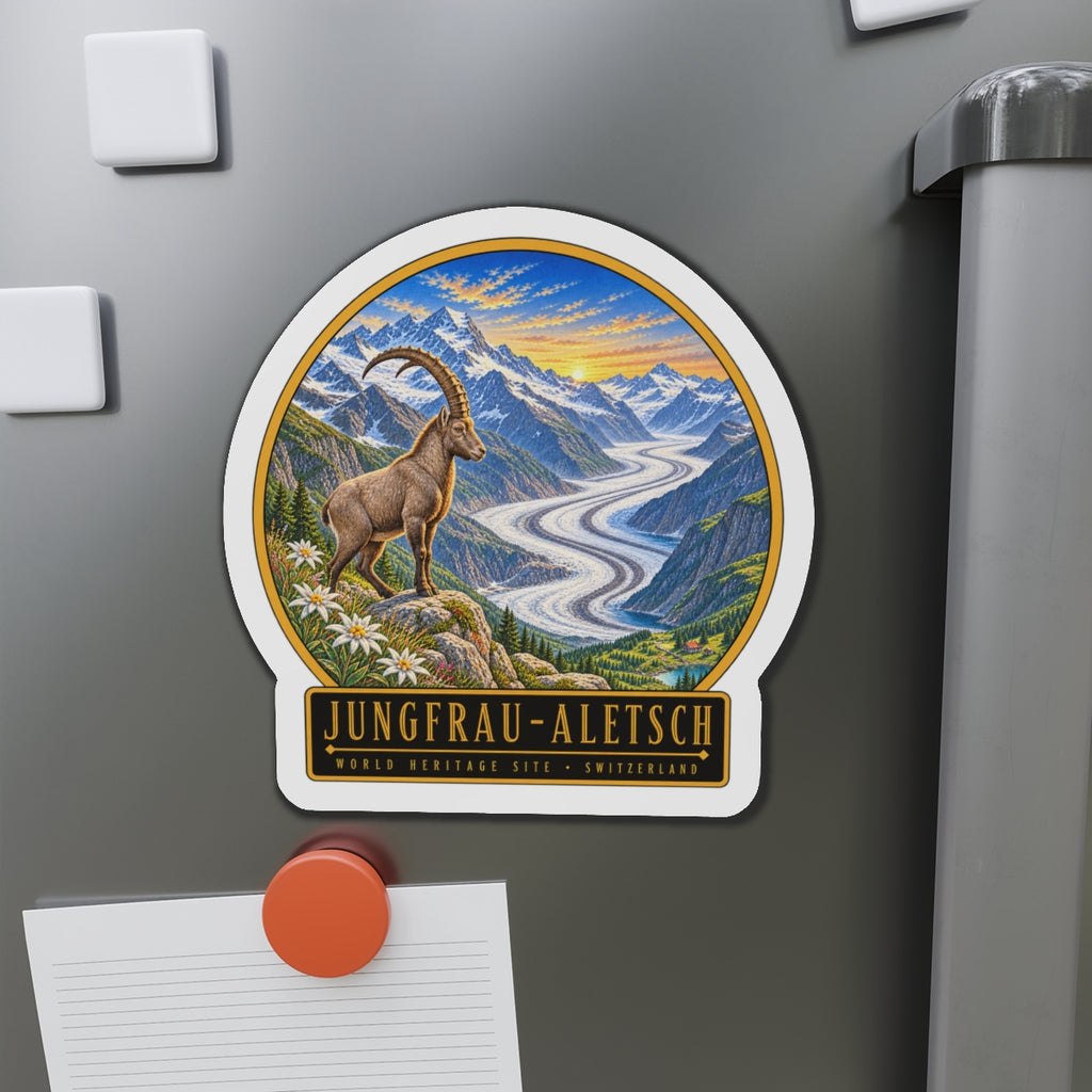 Die-cut vinyl fridge magnet featuring alpine goat and winding glacier valley artwork