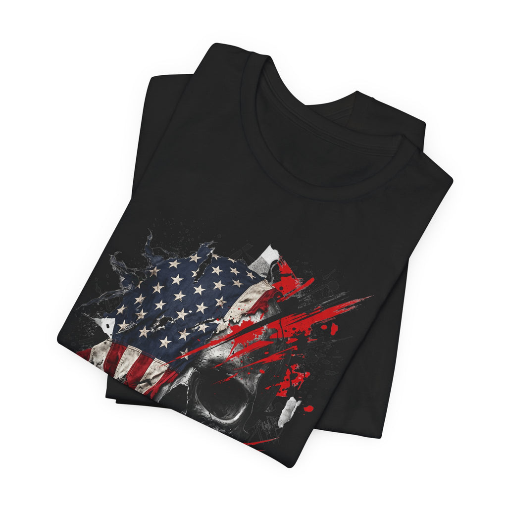 Black crew-neck T-shirt with skull and American flag splatter graphic