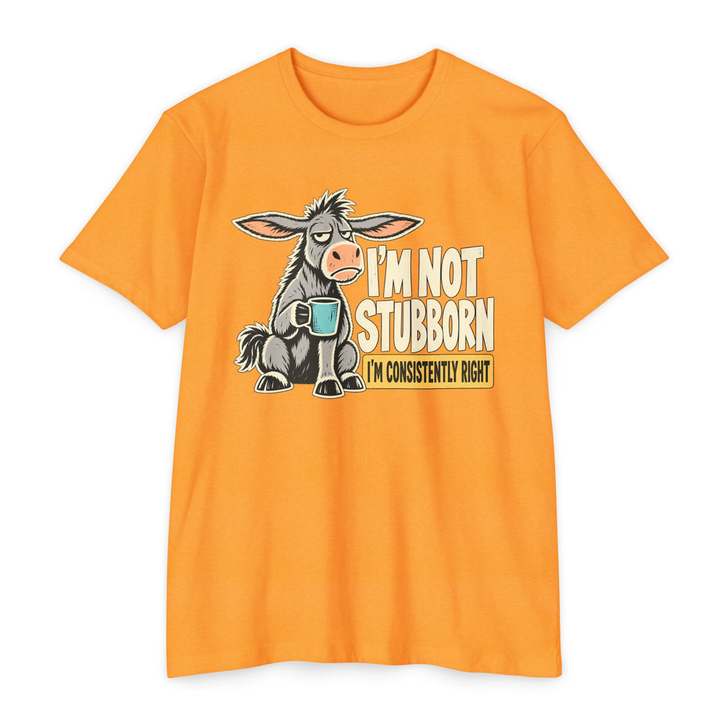 Orange crewneck graphic T-shirt with donkey holding a coffee mug; slogan “I’m not stubborn”