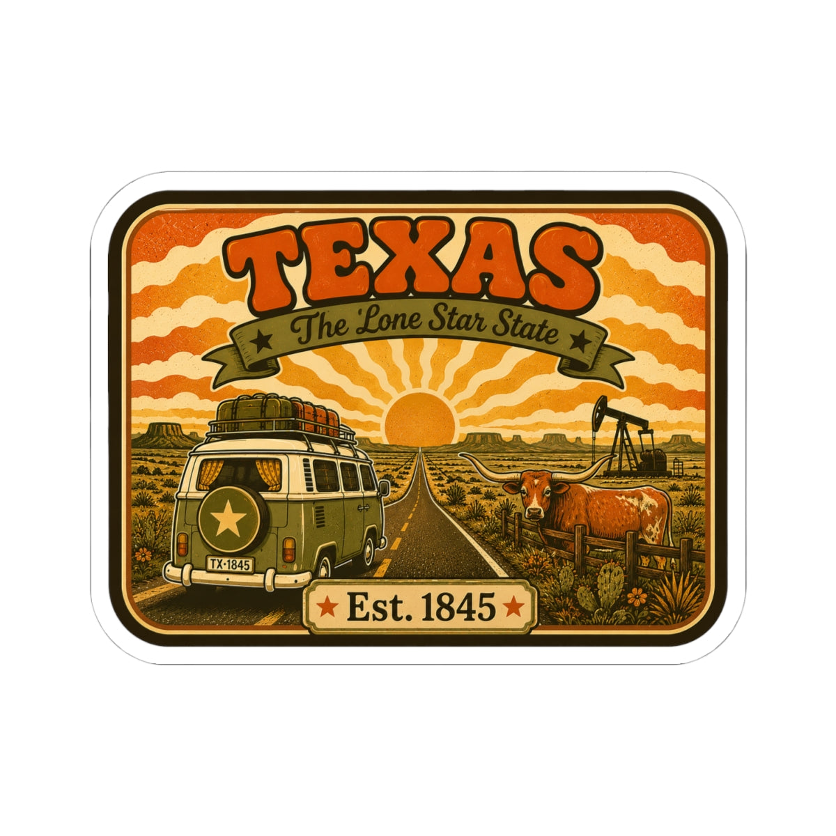 Kiss-cut Texas sticker with truck on desert road and Est. 1845