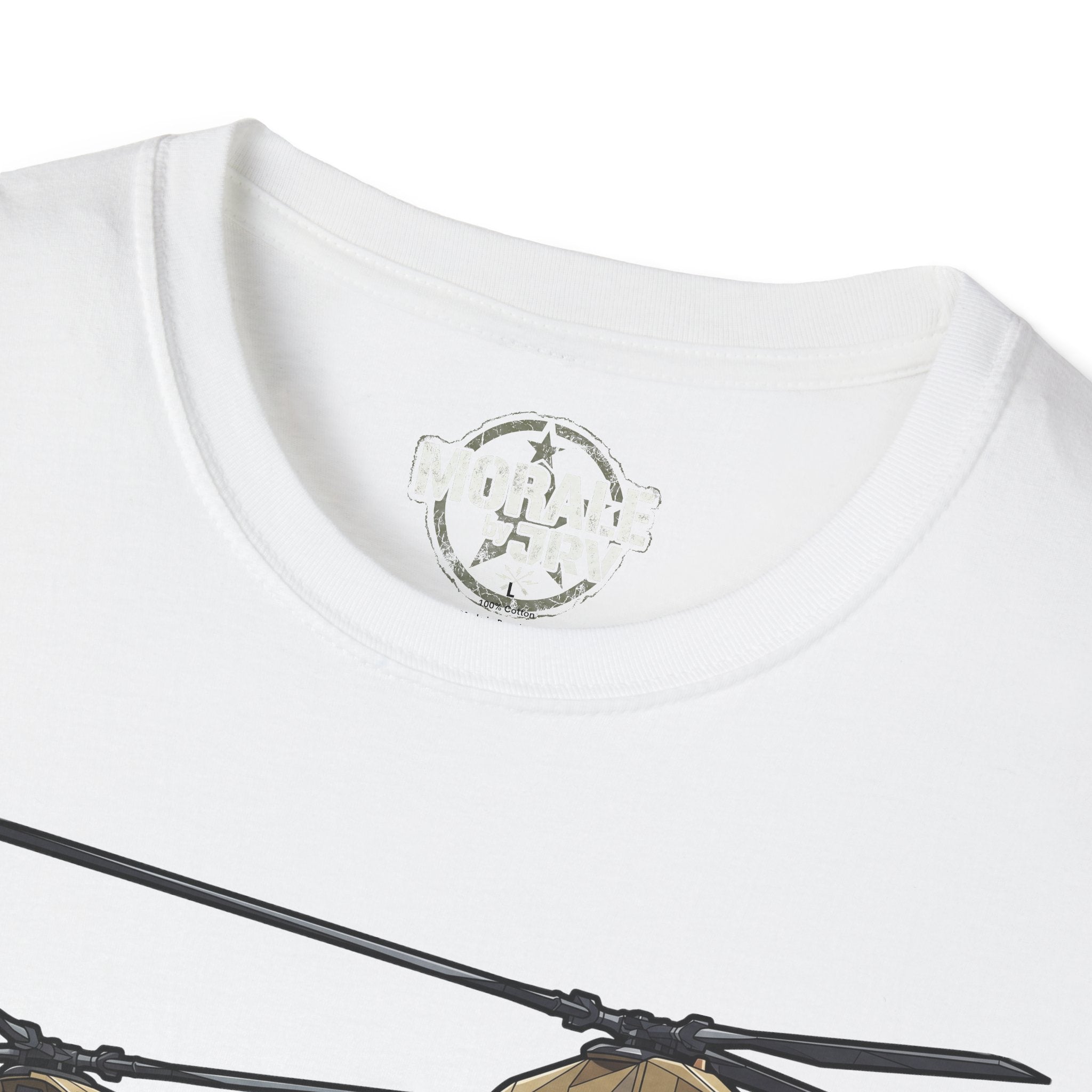 CH-47 T-shirt white: circular collar emblem with part of helicopter graphic