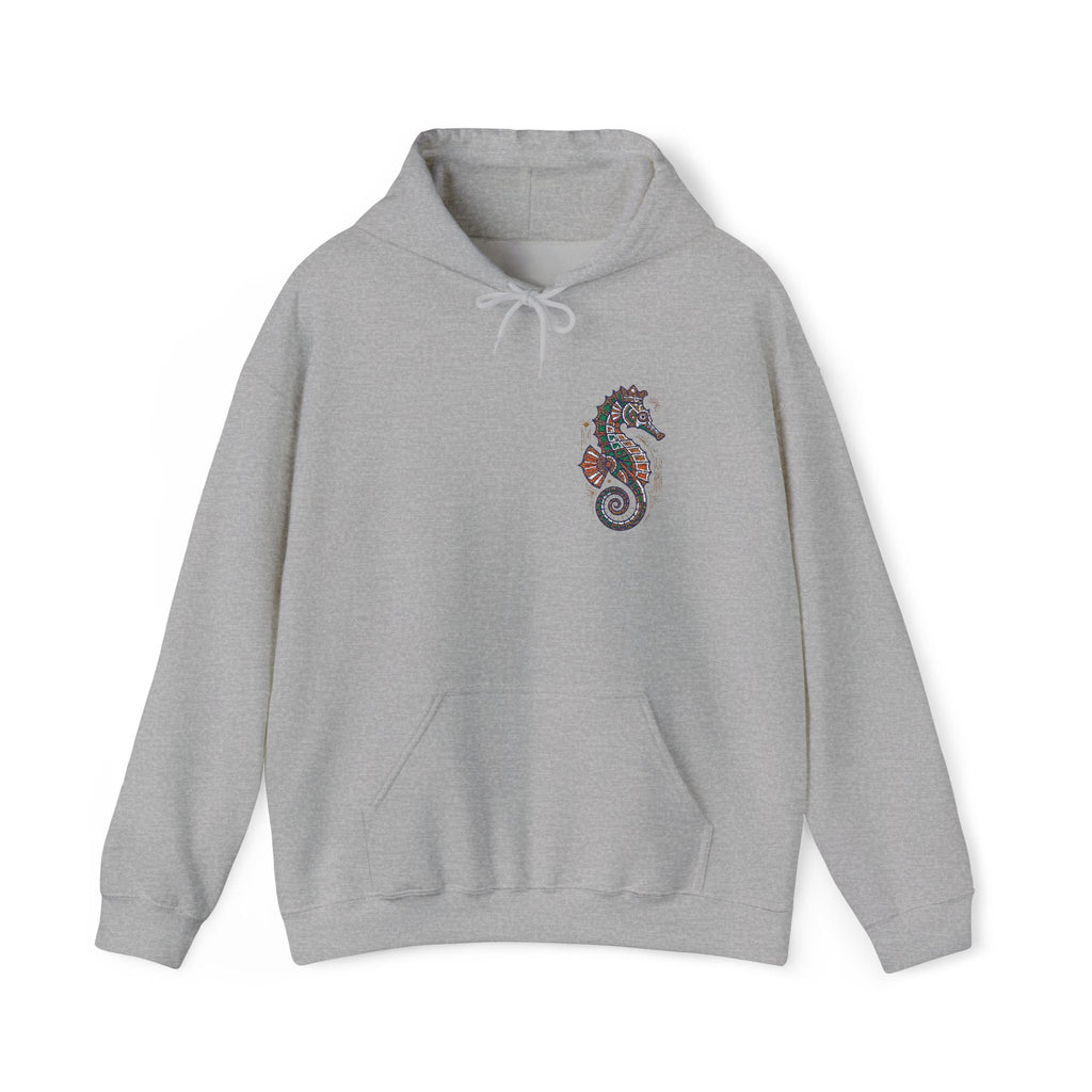 Light gray seahorse floral hoodie with front pocket and drawstring hood