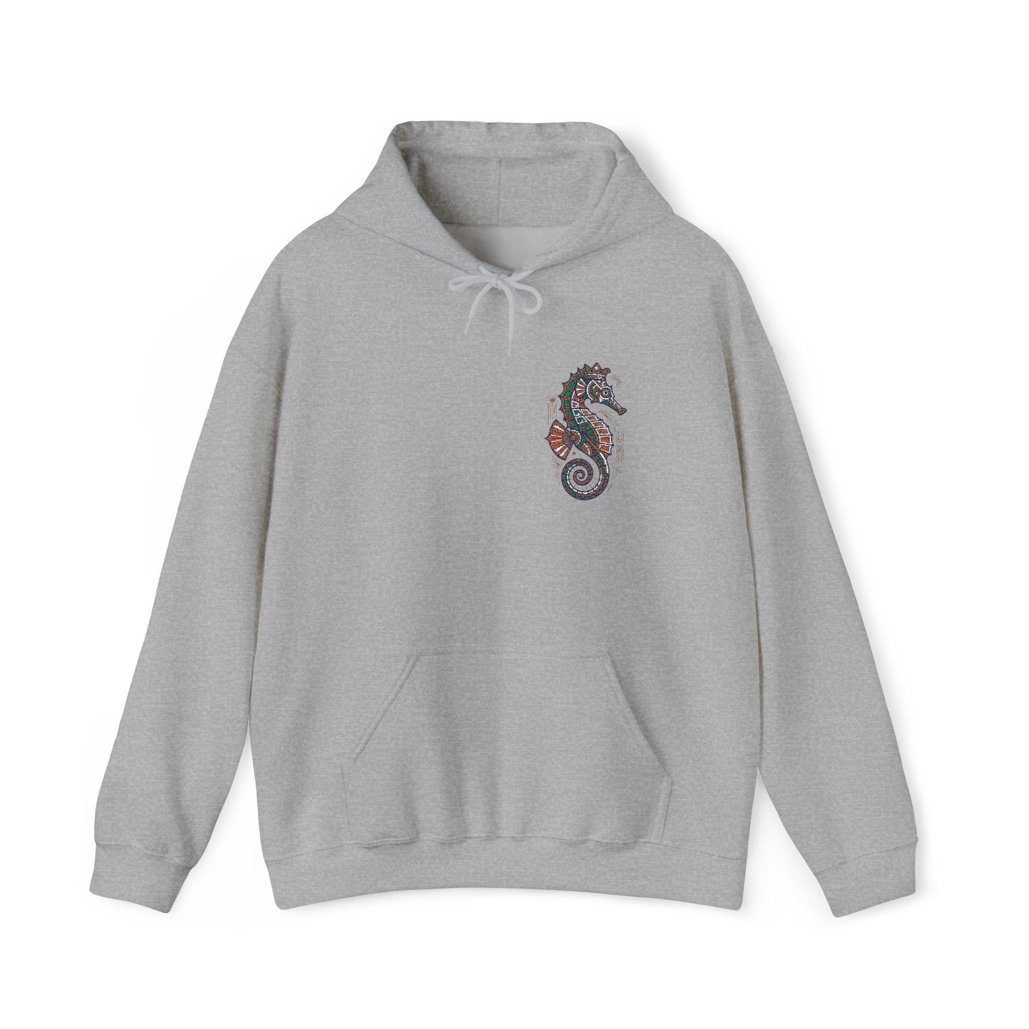 Light gray seahorse floral hoodie with front pocket and drawstring hood