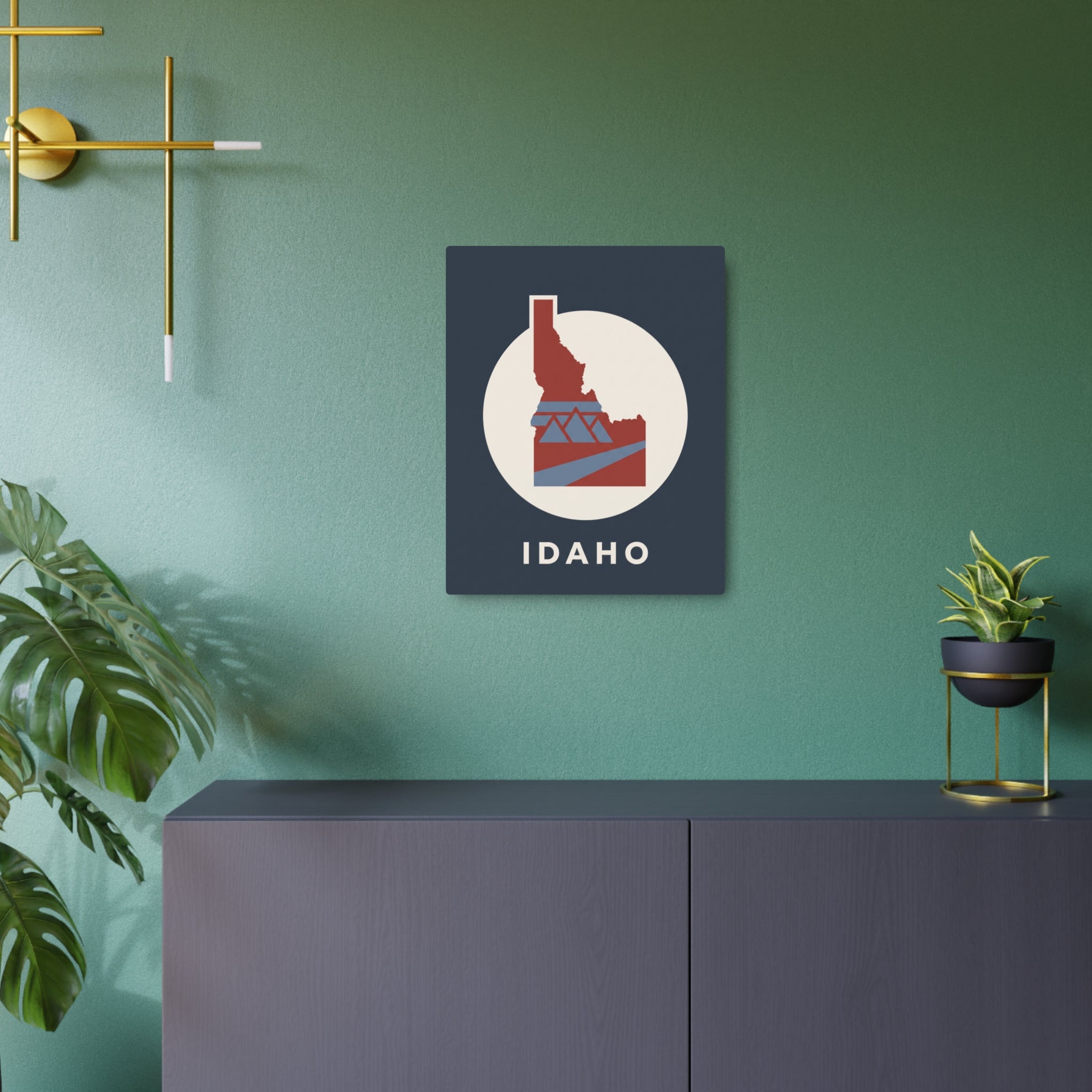 Idaho map metal wall sign, dark square with red outline and “IDAHO”
