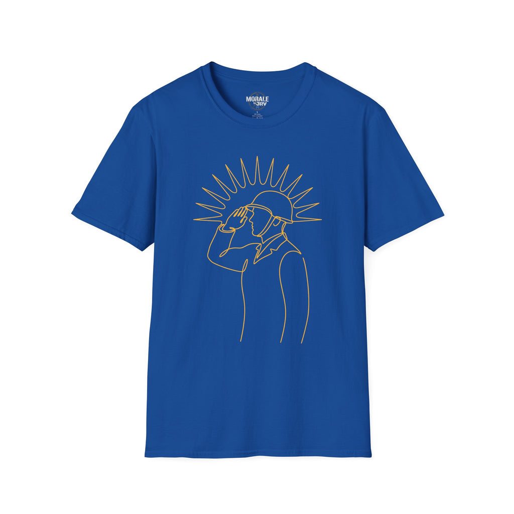 Royal blue T-shirt with minimal single-line man looking up graphic, gold print