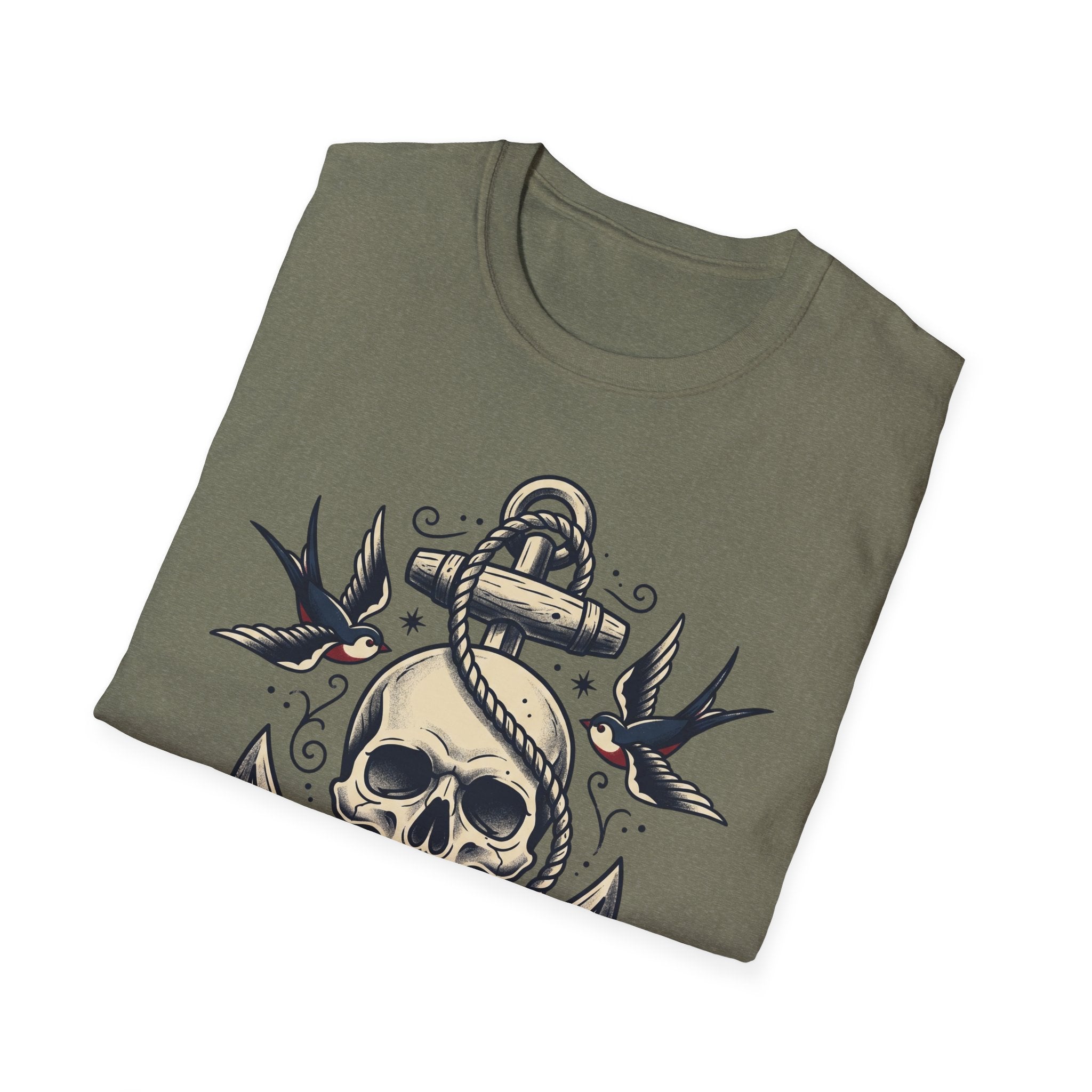 Dark T-shirt with sailor skull, anchor rope knot, birds tattoo graphic