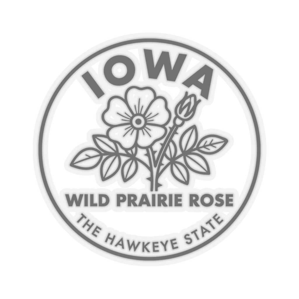 Circular vinyl sticker with Iowa letters, wild prairie rose stem, and state banner