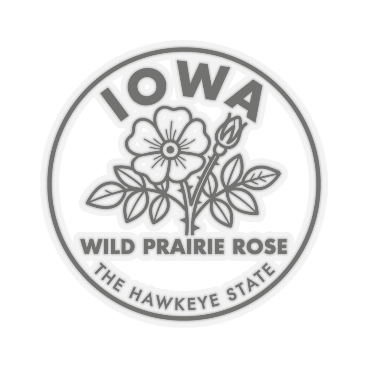 Circular vinyl sticker with Iowa letters, wild prairie rose stem, and state banner